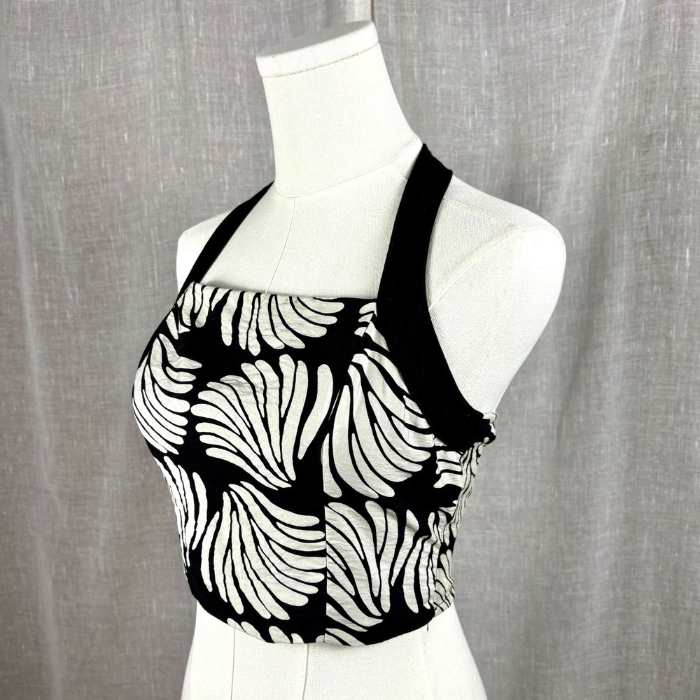 Rayon Tie Halter Top Botanical Print Black White Old Money Resort Coastal‎ Sz S